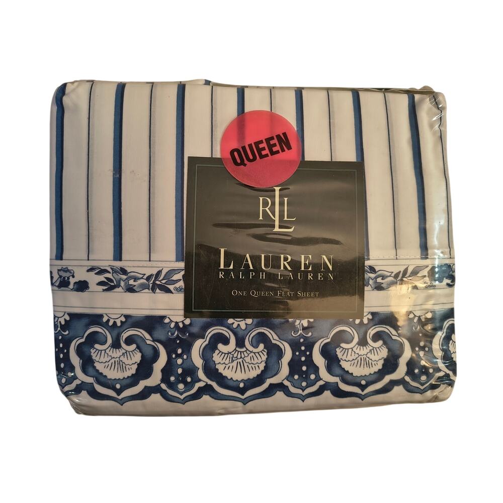 Ralph Lauren Porcelain Blue Stripe Queen Flat Sheet Vintage Cotton